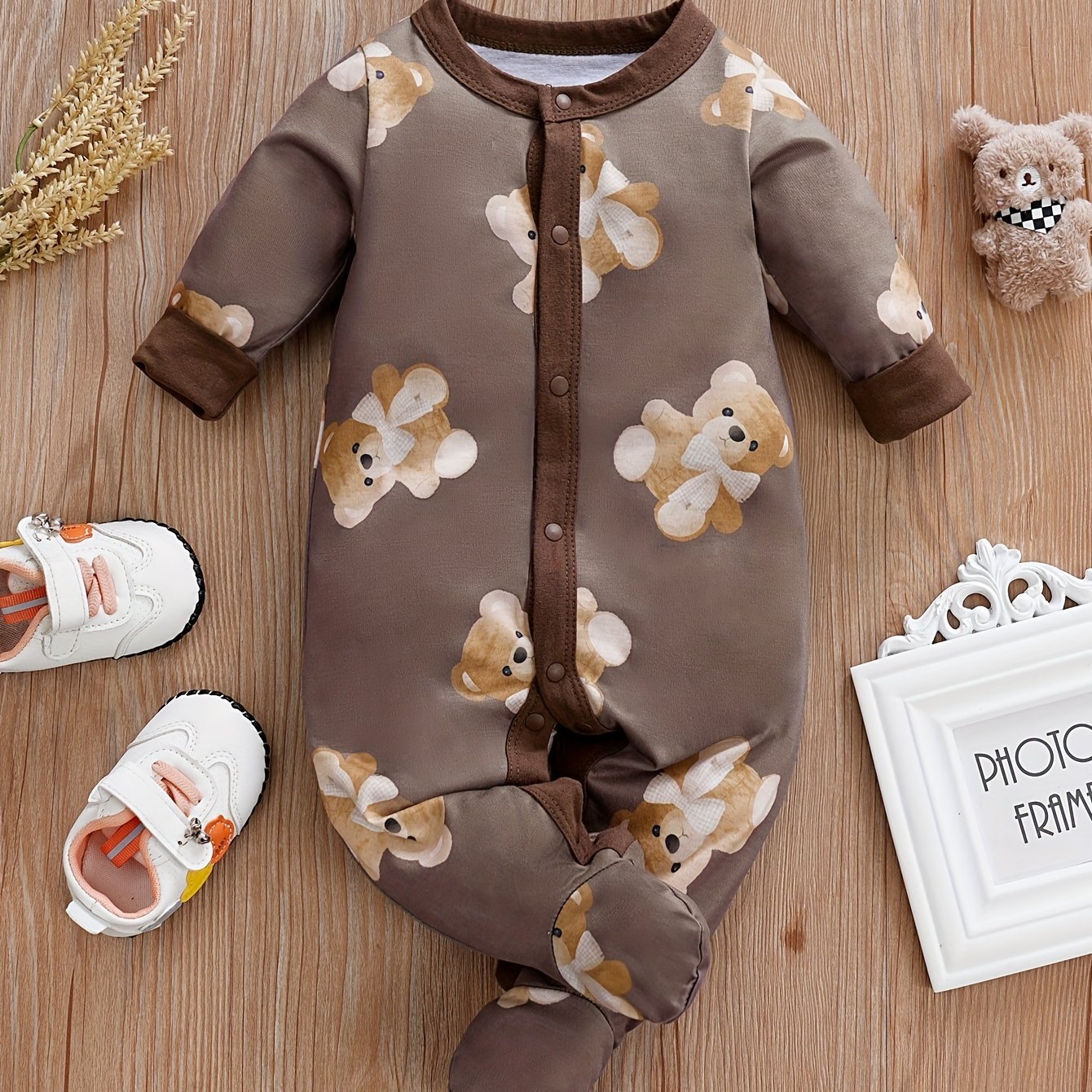 Image of Long-sleeved Footed Body Suit With Cute Bear Print For Boys, Perfect For Outdoor