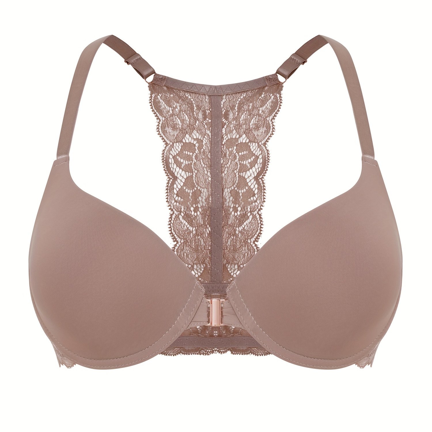 Image of Women's Lace Front Closure Push Up Bras, Comfortable Padded Lace T-shirt Bra, Lace Racerback Push Up Bra With Golden , Ultra Soft And Lightweight, Lightly Lined, Women's Lingerie With Underwire