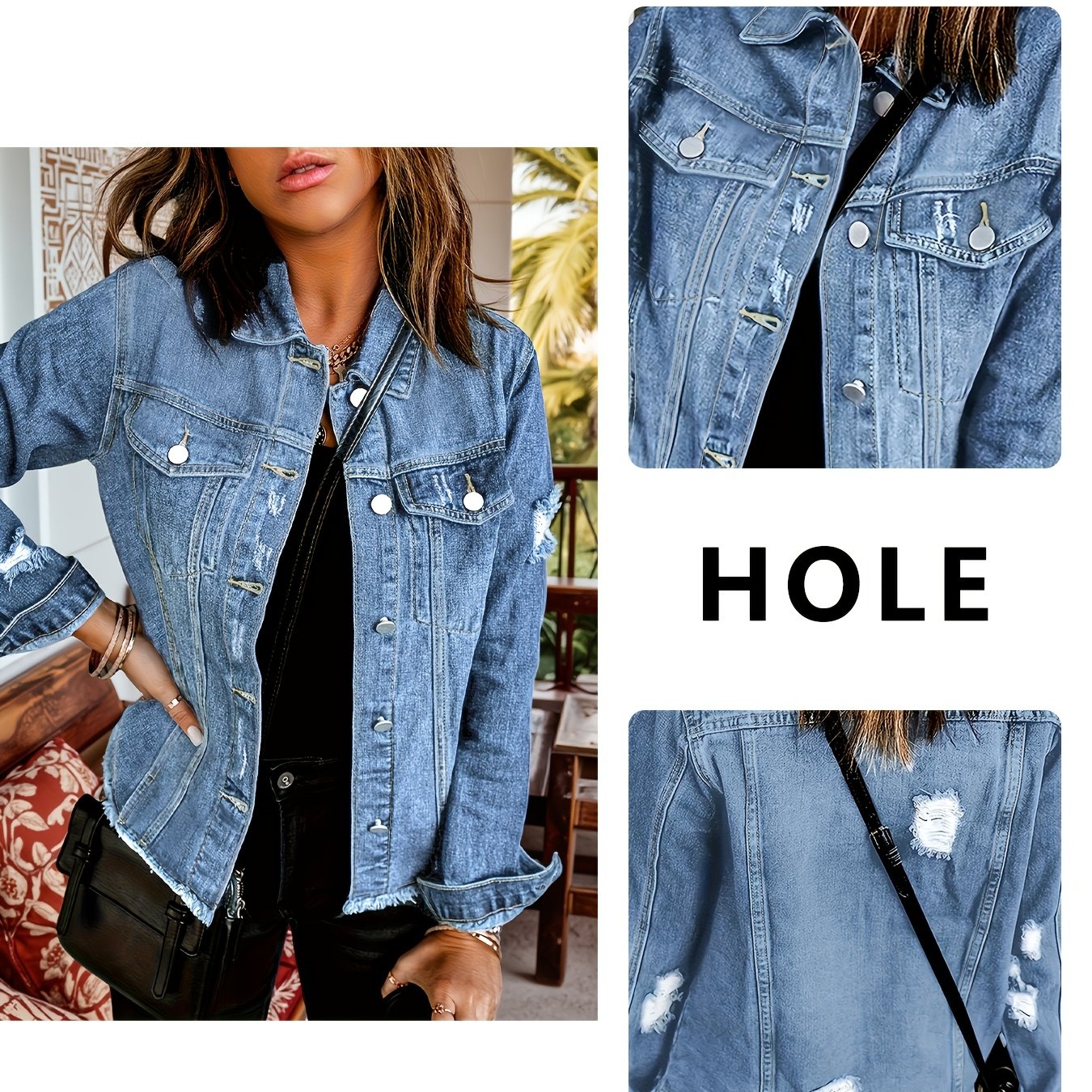 Image of Fashionable, Light Luxury, , Hem, Cropped Denim Jacket, New Seasonal Style, Lapel Long Sleeves, Denim Coat