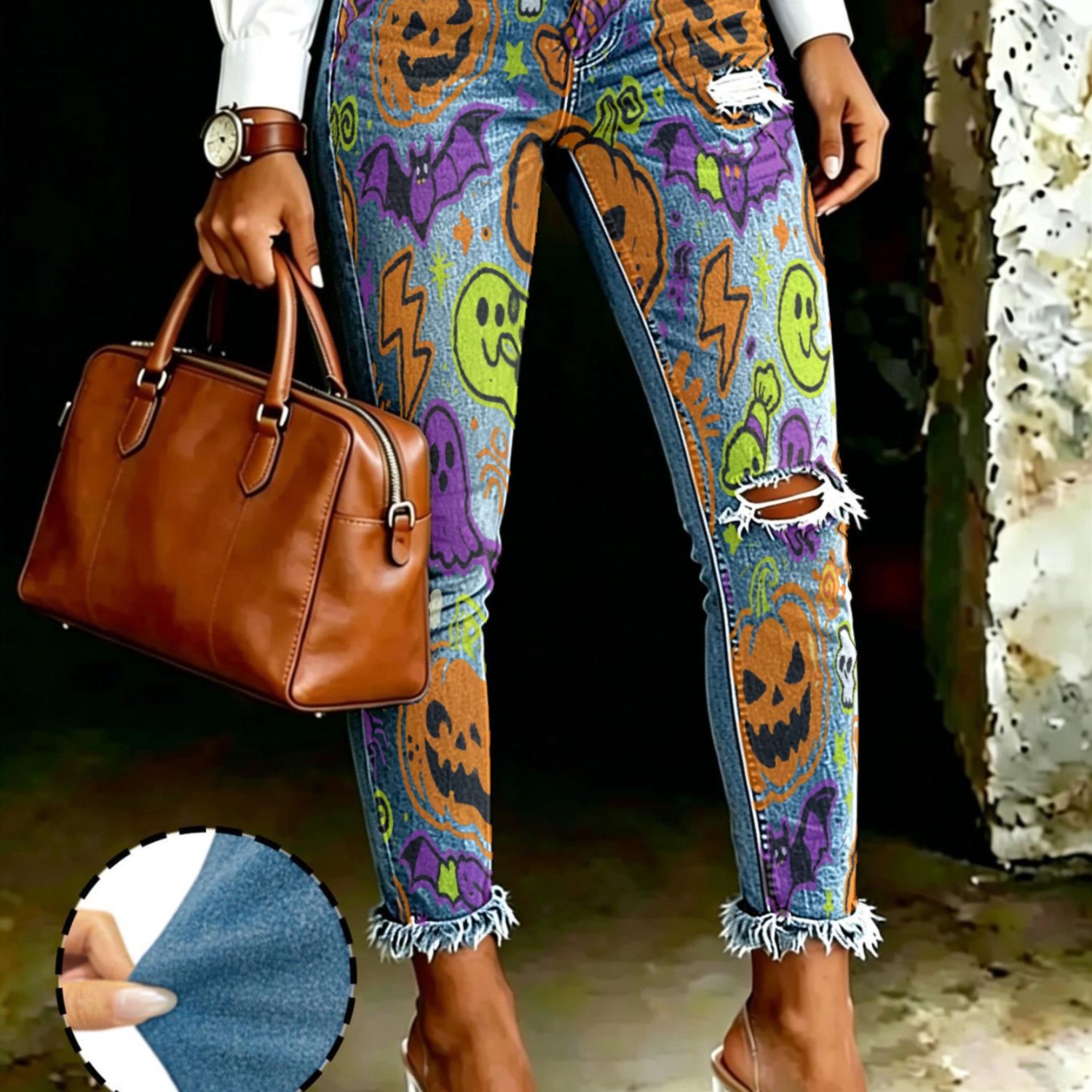 Blue Denim Fabric Halloween Pumpkin Skull Bat Lightning Print Printed Craft Skinny Jeans Versatile For Daily Wear Women's Long Denim Pants