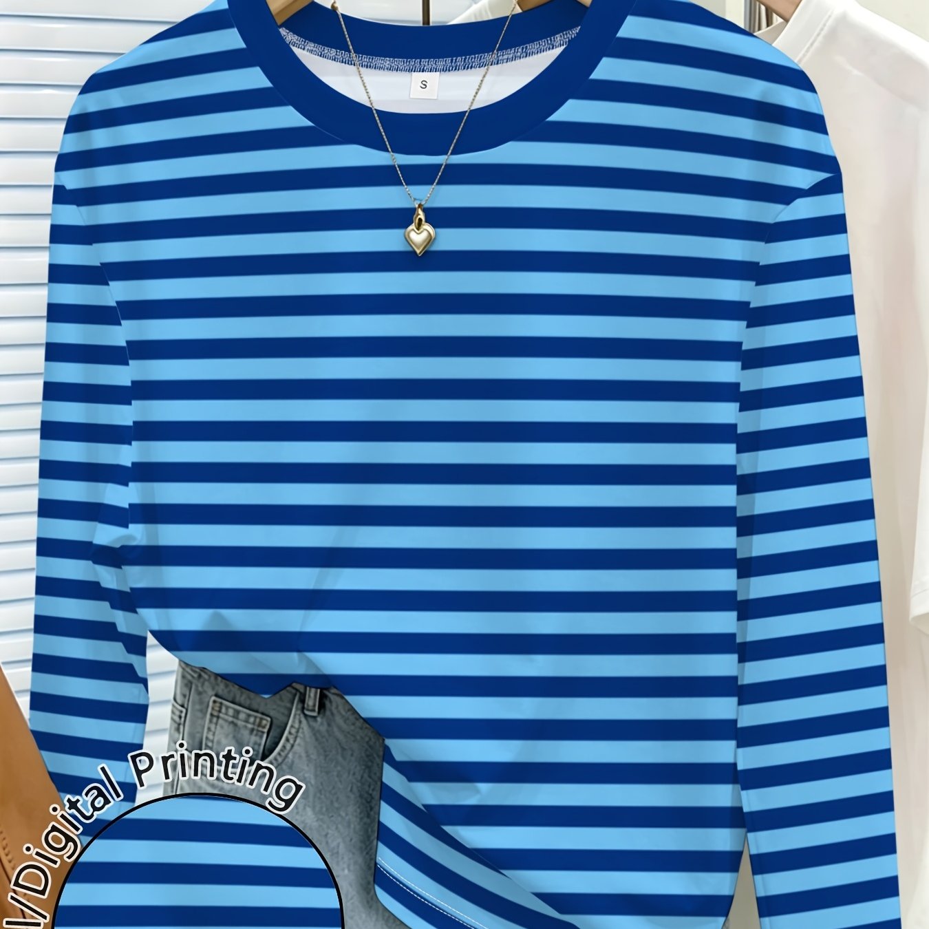 TEMU Plus Size - Blue And White Striped Women's Printed Round-neck Long-sleeve T-shirt
