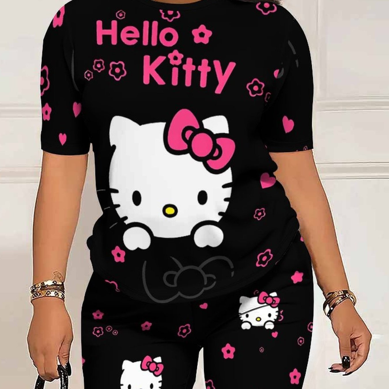 Image of Plus Size Women's Fashion Casual Cartoon Short Sleeve Shorts Women's Sportswear Plus Size Set