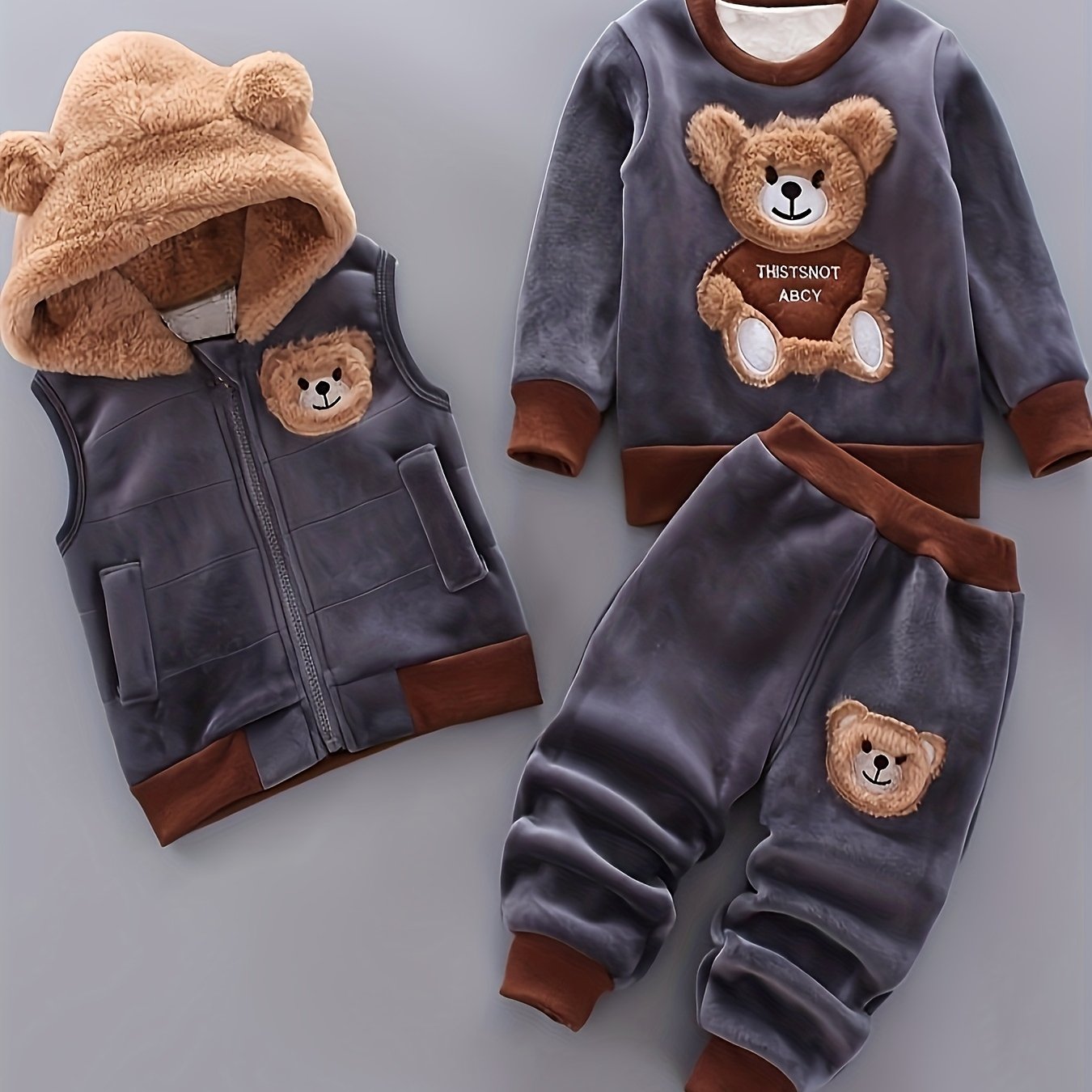 Boys' Autumn Winter Fleece Warm Long Sleeve Set Plush Face Bear Long Sleeve Fashion Casual 3pcs Set, For Outdoor