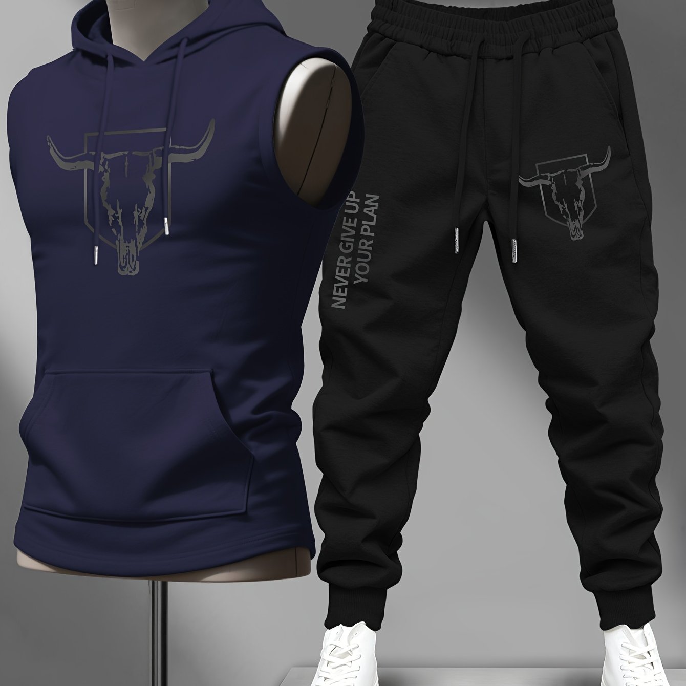 TEMU Men's Streetwear Brand Casual Gym Hooded Vest And Long Pants Set, Bull Skull Totem Motivational Theme Print, Matching Slogan Print Side