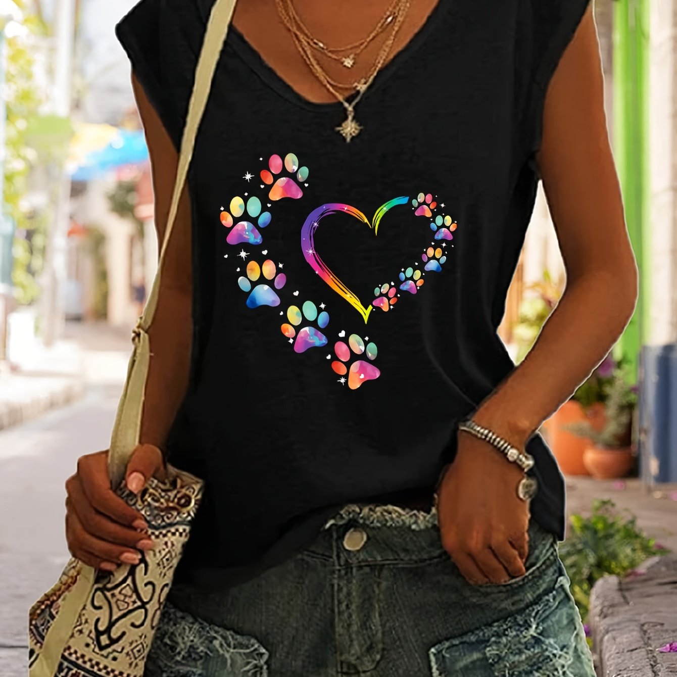 E-shop Frauen-Sleeveless-Casual-T-Shirt mit bunter Herz- und Pfoten-Druck - Weicher V-Ausschnitt für Frühling und Herbst