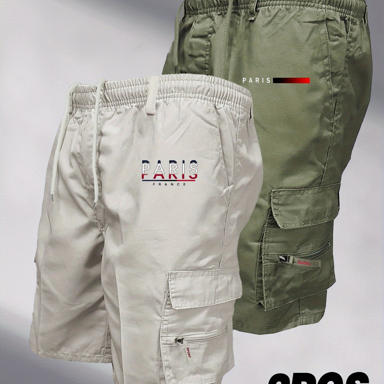 TEMU 2pcs Paris Letter Print Men's Cargo Shorts With Multiple Pockets, Suitable For Spring/summer Sports, Hiking, Camping, Fishing, Running, And