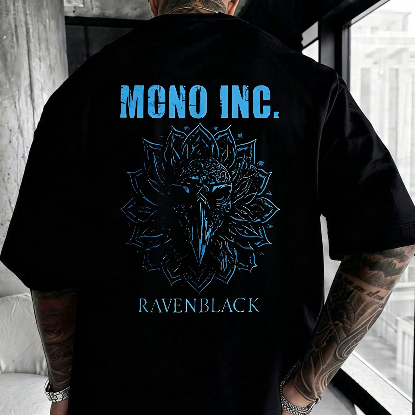 Image of Trendy New Style Back Print Funny Unisex T-shirt Black Mono Inc Ravenblack Skull And Lotus Design For Casual Wear Holiday Gift 100 Fashion Versatile Daily Leisure Outfit Short Sleeve