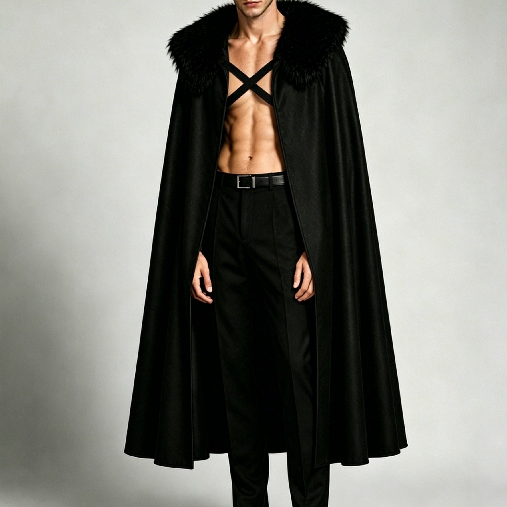 TEMU Men's Gothic Vampire Long Cloak, Fluffy Collar Open Front Black Long Cape, Medieval Wizard Halloween Carnival Cosplay Costume