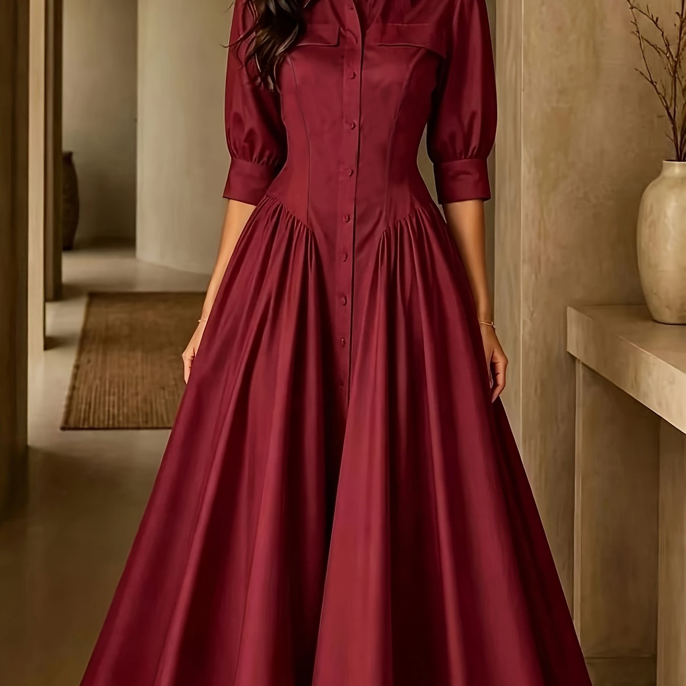 TEMU Spring/autumn Season Directional Development Vacation Leisure Elegant New European And Trend Solid Color Collar Three-quarter Sleeve Open Front