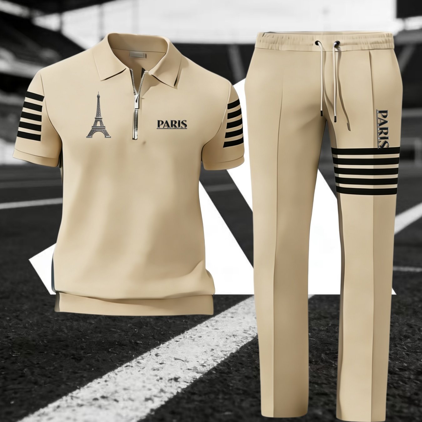 Image of 2pcs Set: [new Summer ] Unisex Casual Sportswear Set - Featuring 3d Textured Stripe Details (multiple Colors ) - Short-sleeve Shirt + Trousers
