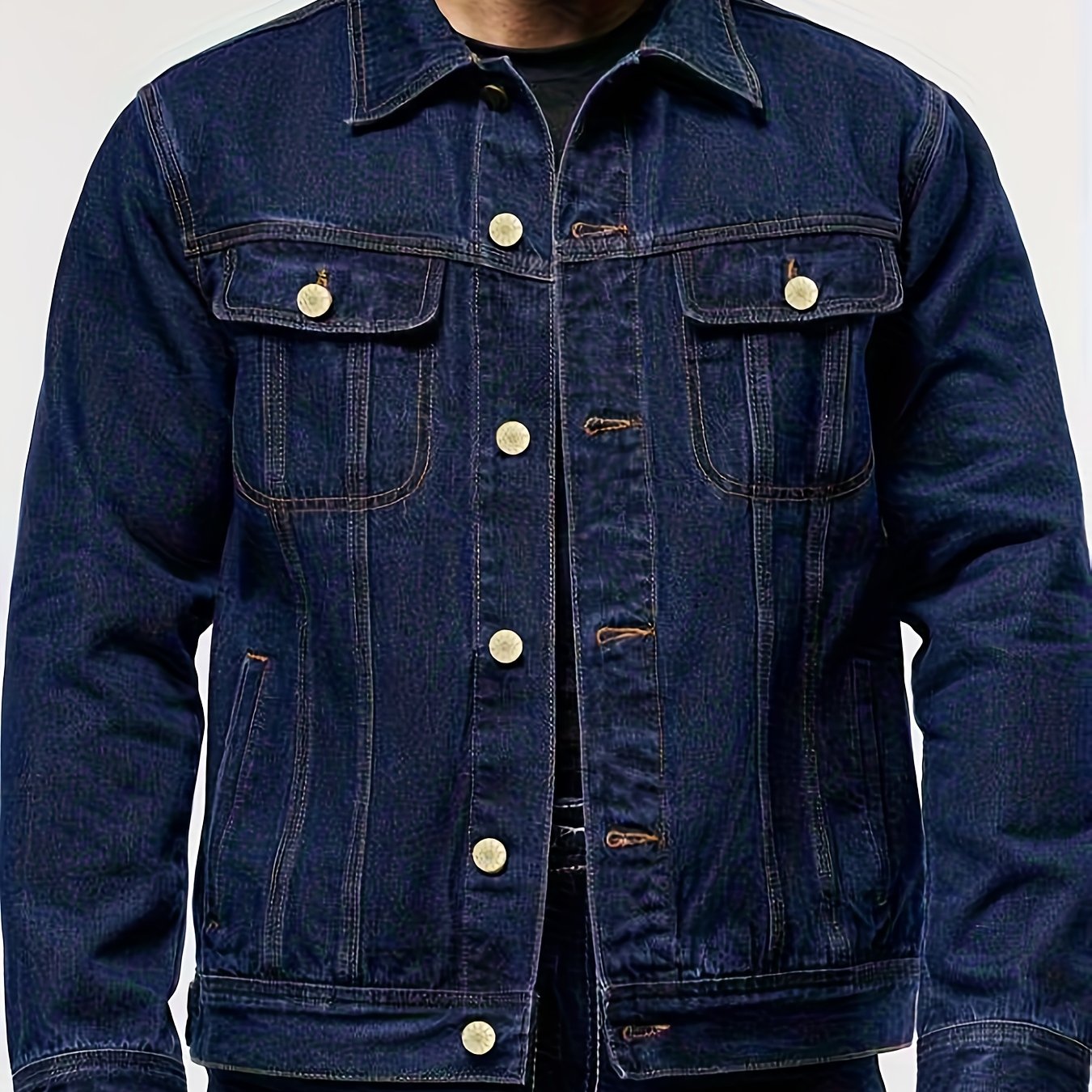 Image of [allsro]retro Heavyweight Blue Denim Jacket With Classic Lapel, Metal Buttons, Large Pockets. Spring/autumn Style Casual And Suitable For Work And Leisure. Single Row Buttons