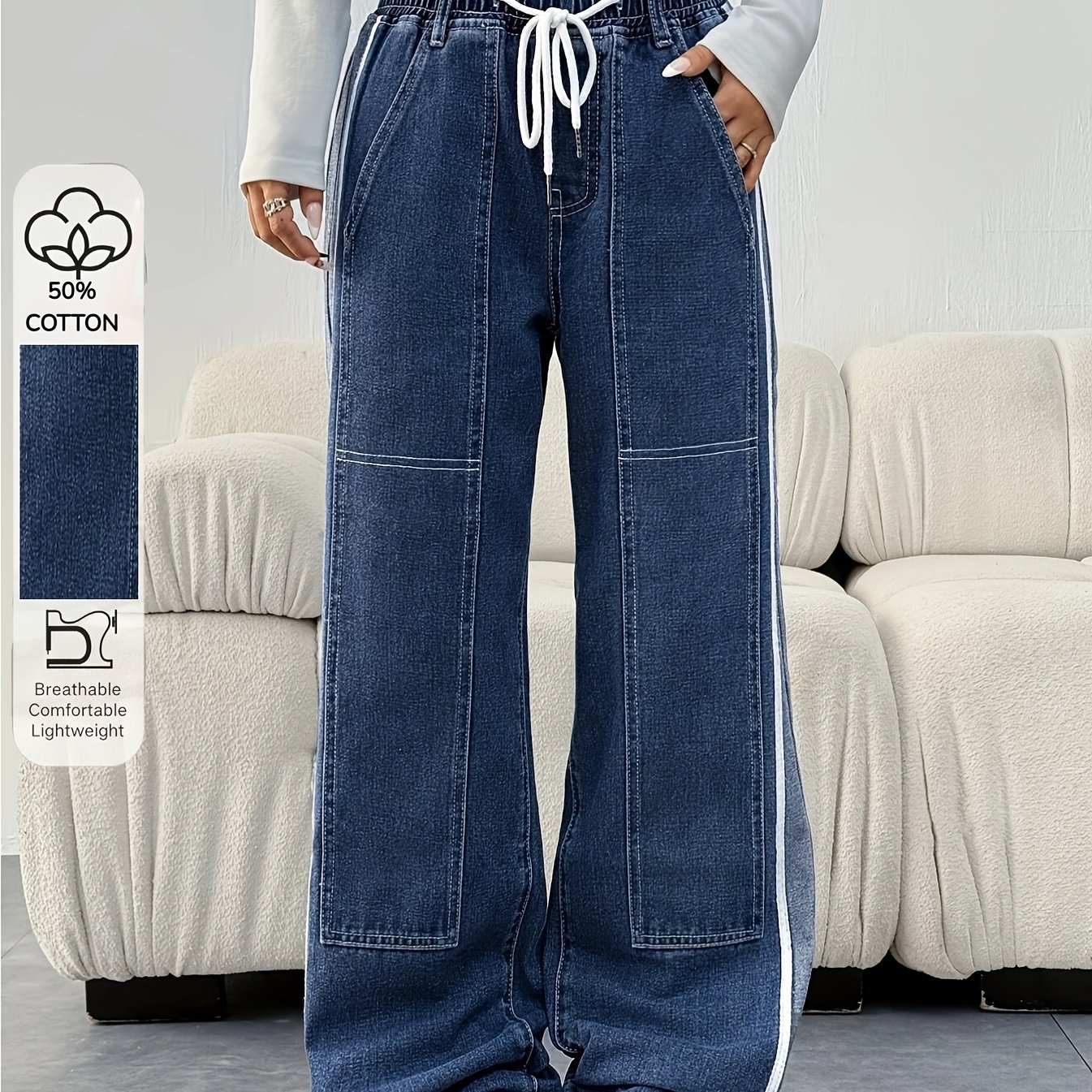 Image of Women's Paper Bag Waist With Drawstring Design, Loose-fit Jeans Featuring Side Slant Pockets, Paneling, And Tape Detailing