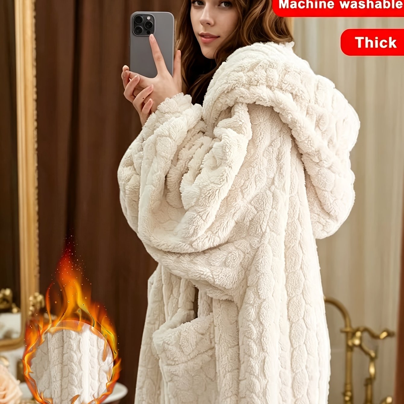 TEMU 1 pièce Peignoir d'intérieur style automne/hiver, Confort supérieur avec poches, Robe d'intérieur longue douce et douillette, Peignoir/Robe de