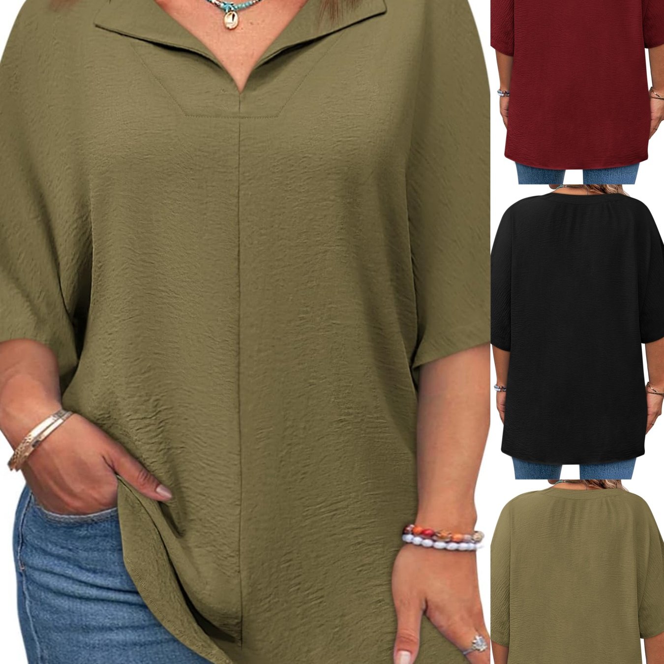 Image of Plus Size - Plus Size - Casual Lightweight Blouse For Women, Featuring A Loose Fit, V-neck, And Short Sleeves, Perfect For And Summer Wear In Plus Sizes