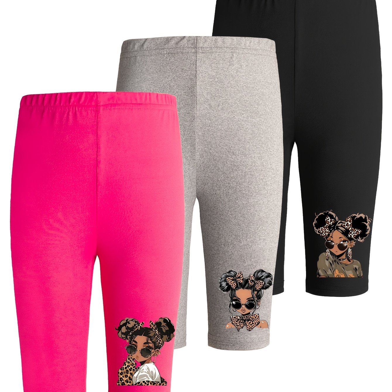 3-pack Girls' Knee-length Shorts: Fashionable Solid Color Cartoon Print Leggings For Spring/summer, Lightweight And Comfortable Casual Wear, Perfect For Outdoor