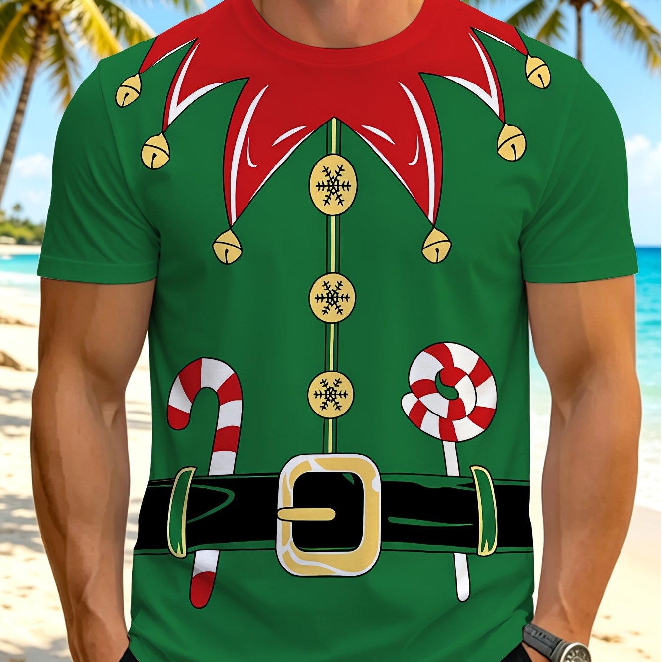 TEMU [print Design - Not Textured] Men' T-shirt, Christmas Men's Full Print Elf Candy Christmas Theme Men's T-shirt, Casual Comfortable All-match