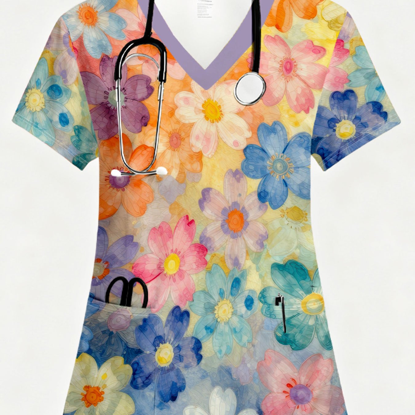 TEMU Women's Full-body Floral Print Nurse Uniform - V-neck Scrubs With Pockets, Machine Washable Suitable For Nursing Work Tops, Dental Uniforms,