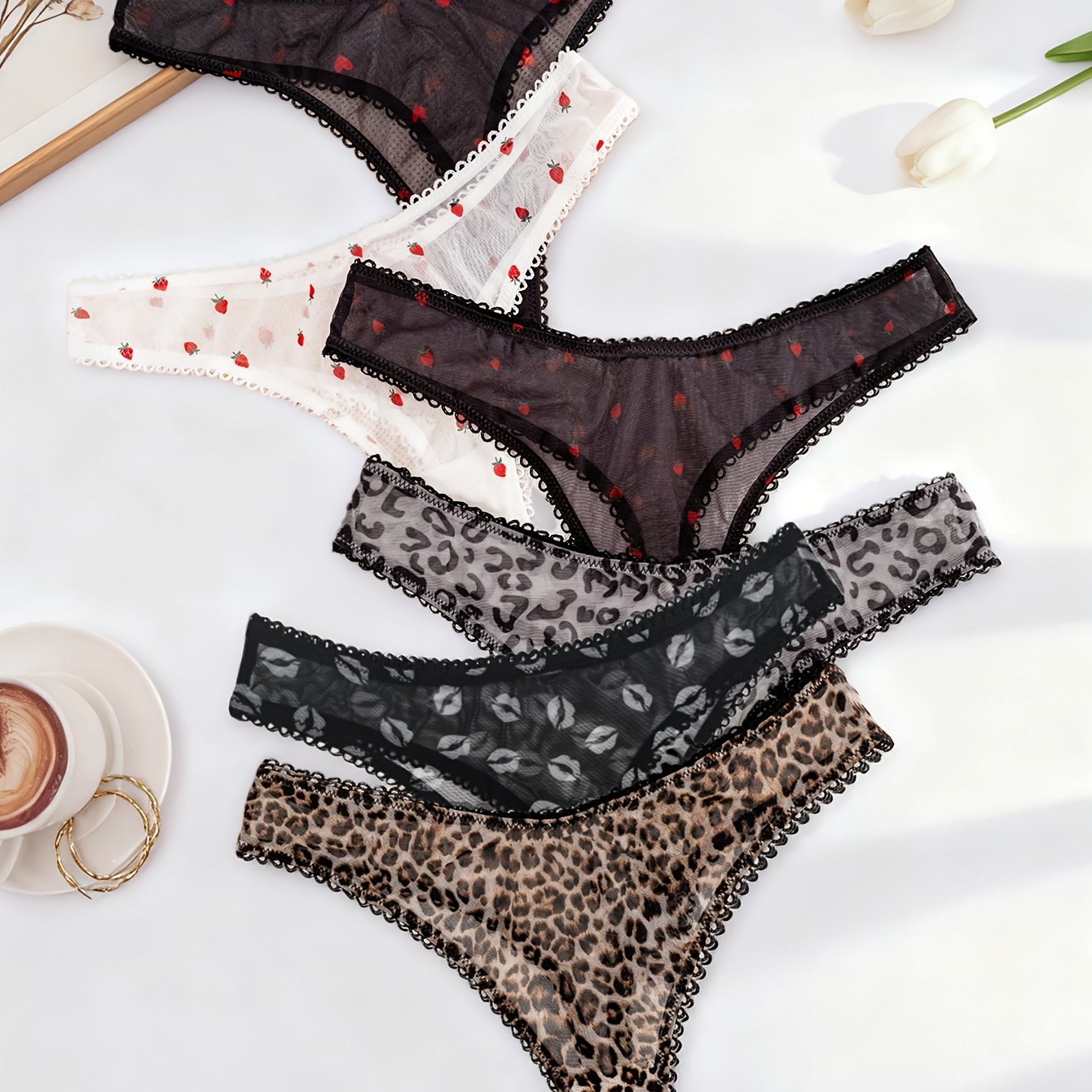 E-shop 6er-Pack Damen Einfarbige Herz Leopard Print Schleife Slips, Damen Blumenmuster Spitzenartig Halbtransparente Unterwäsche, Dreieckslipper mit