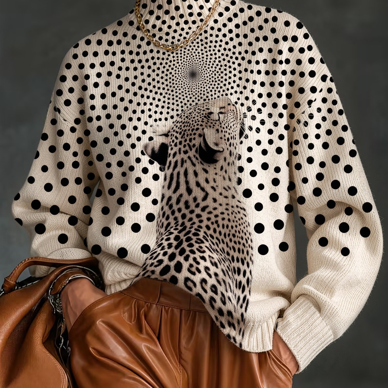 TEMU [Impression numérique 2D] Nouveau pull tendance d'hiver à imprimé léopard, pull chaud à col cheminée et manches longues pour automne/hiver, pull