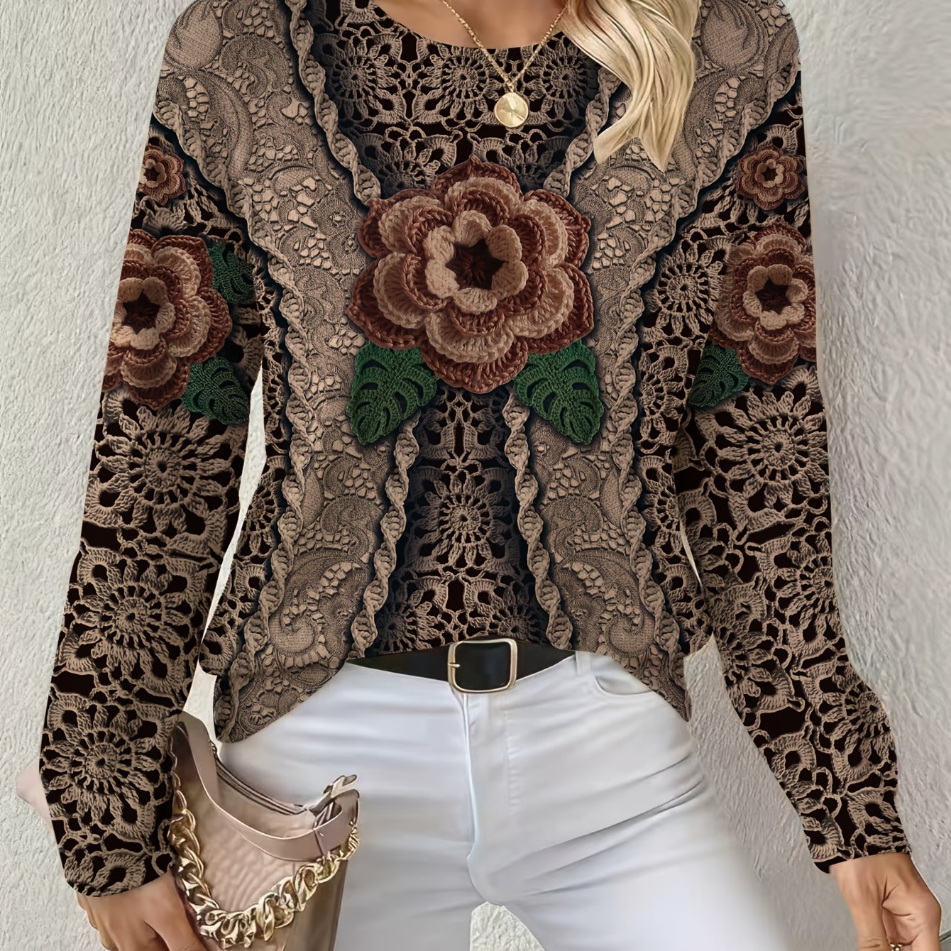 TEMU Women's Round Neck Asd1 Exquisite Sweater, Clean And Elegant Style For The Workplace, 2d Printed Fashion Top, Loose Fit. Actual Product Features