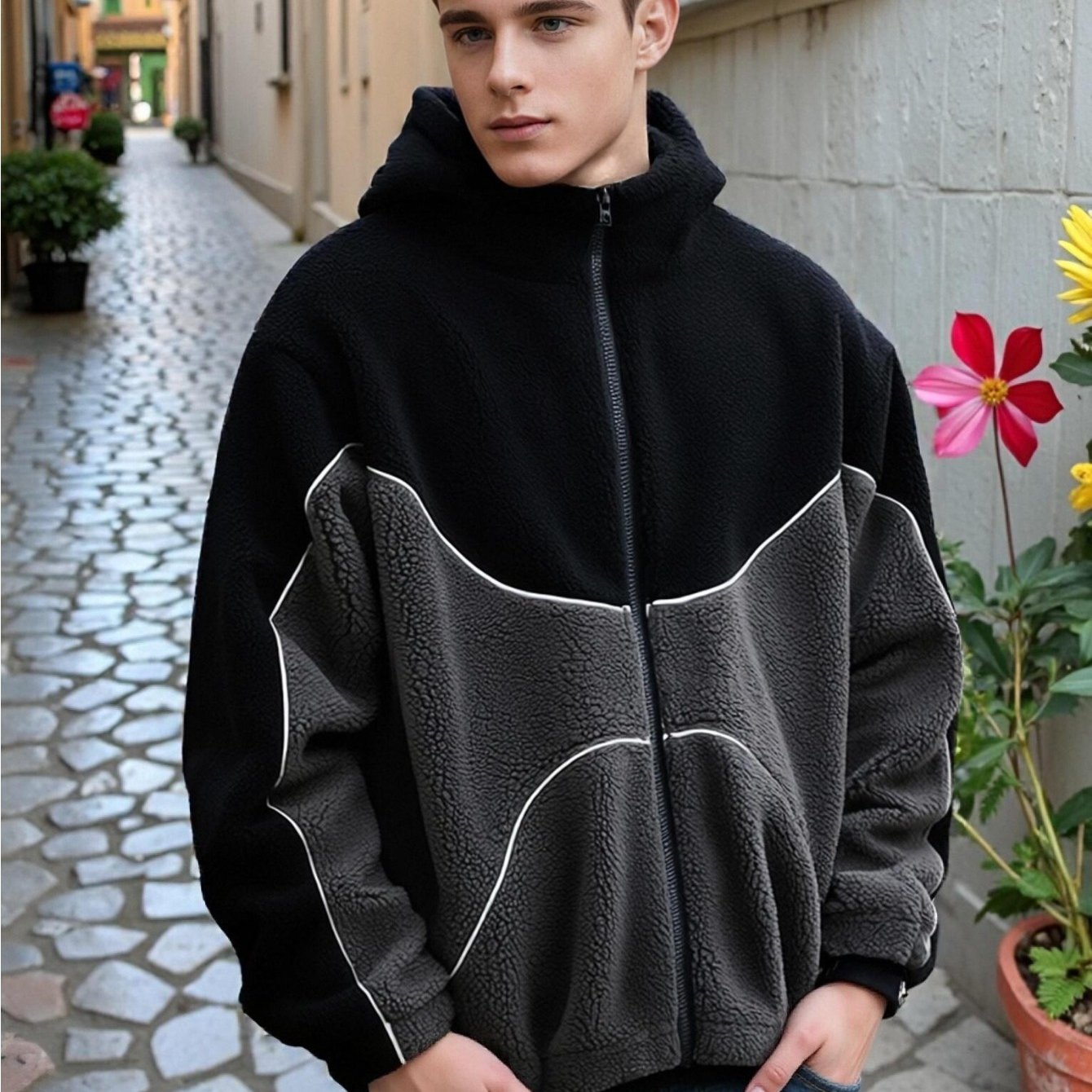TEMU 's Minimalist Color- Fleece Hooded Jacket For Spring And Autumn, Featuring A Regular Fit And Made From Comfortable Fabric. Machine Washable And