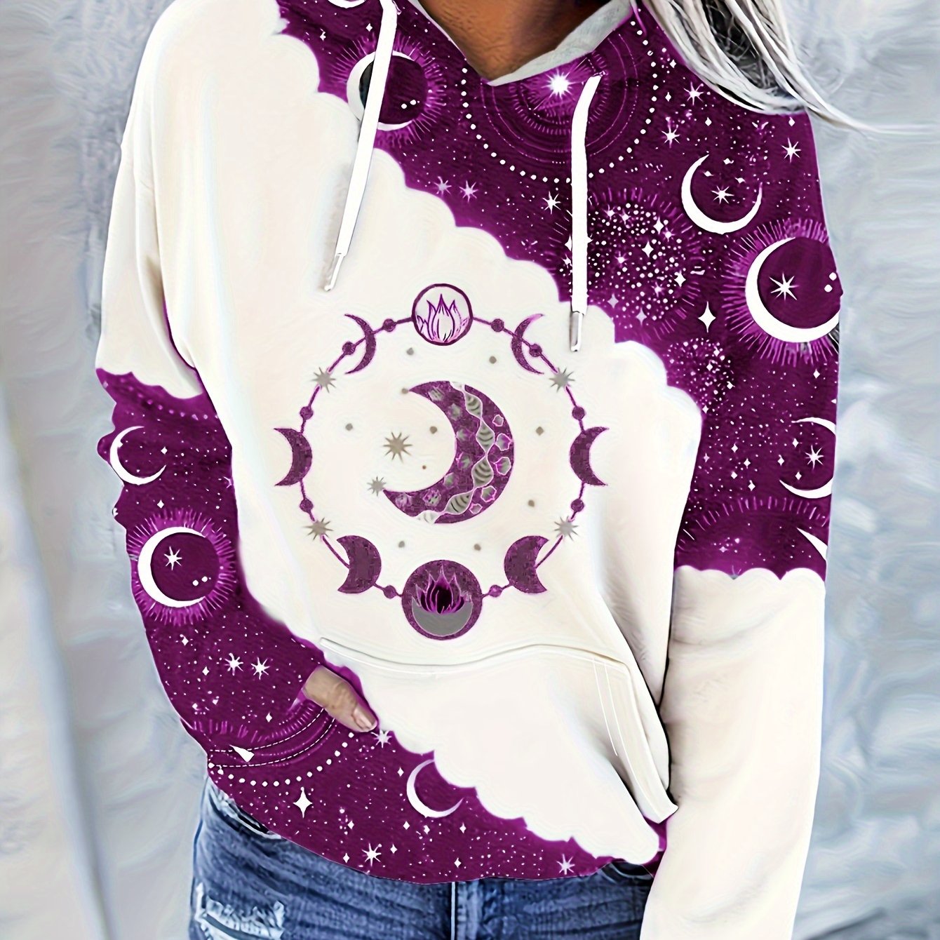Women's Casual Fashion Round Neck Hooded Sweatshirt, Western Ethnic Style Vintage Print Women's Top Hoodie