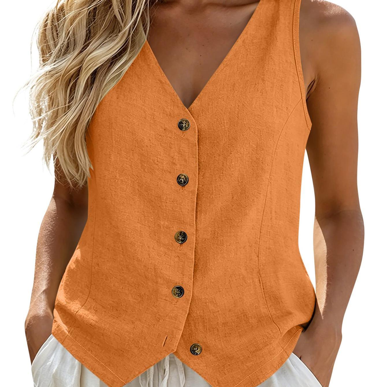 Women Solid Color Button V Neck Casual Cami, Material Stylish Pointed Hem Tailoring Body Flattering Minimalist Vibe