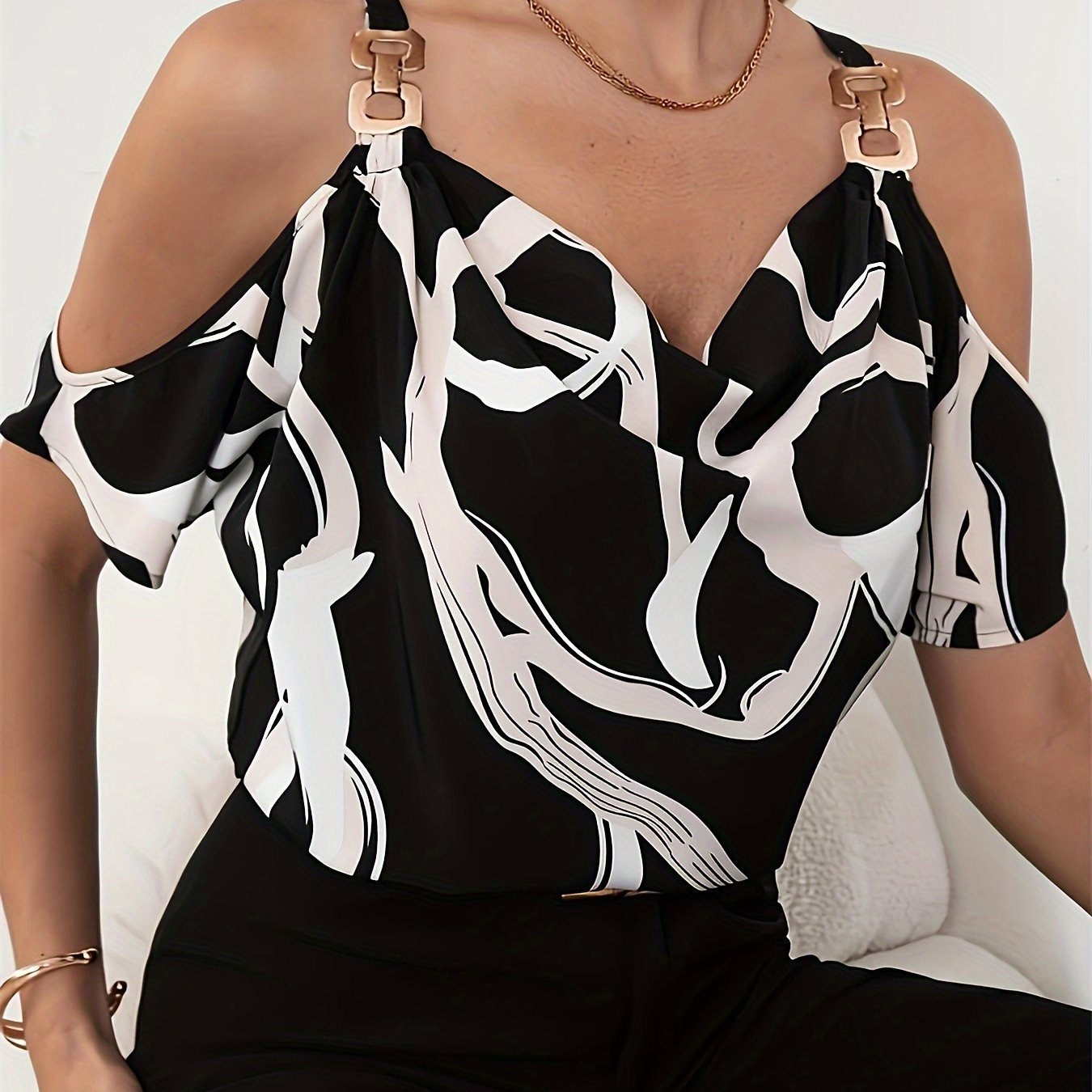 TEMU Elegant Casual Printed Shoulder Strap Women's Top T-shirt