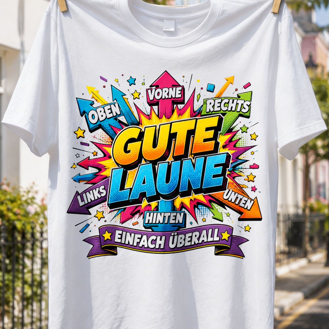 Image of Text T-shirt - Colorful Comic Arrows & Stars Print, 'einfach Überall' Casual Round Neck Tee, Machine Washable Suitable For - Wear, Everyday Outfits And Themed Events