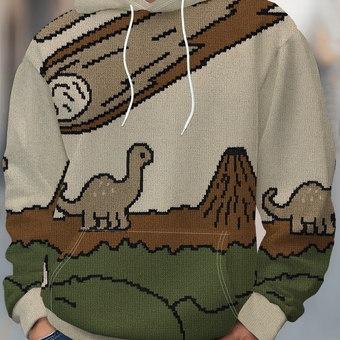 TEMU Men's Vintage-style Featuring A Jurassic Dinosaur Mountain Print, A Trendy Casual Top Suitable For Spring And Autumn, Versatile Pullover, Plus