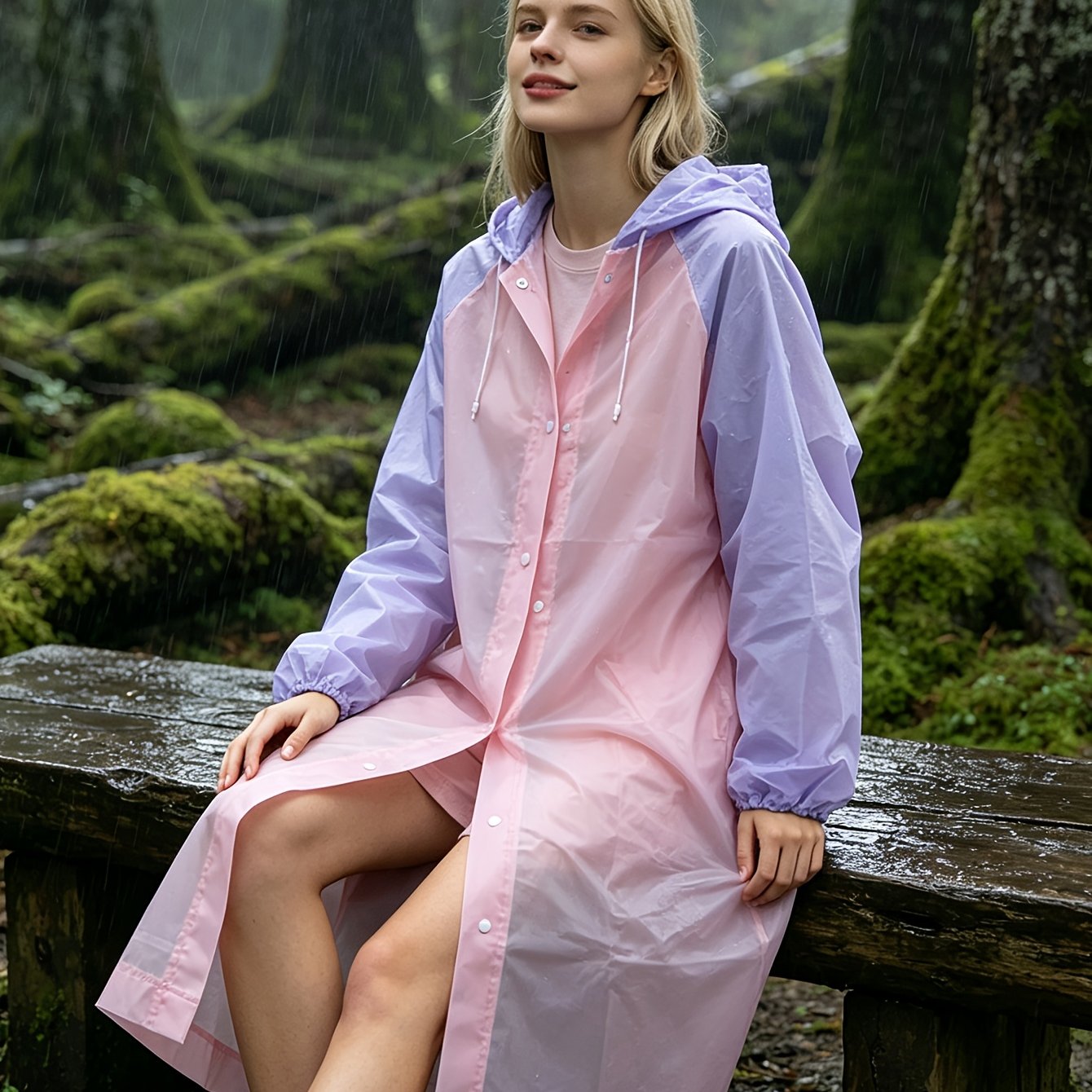 TEMU 1pc Color-block Adult Long Raincoat, Eva Semi-transparent High Quality Rain Jacket, Hooded Button-up Poncho, For Travel, Camping, Walking, And