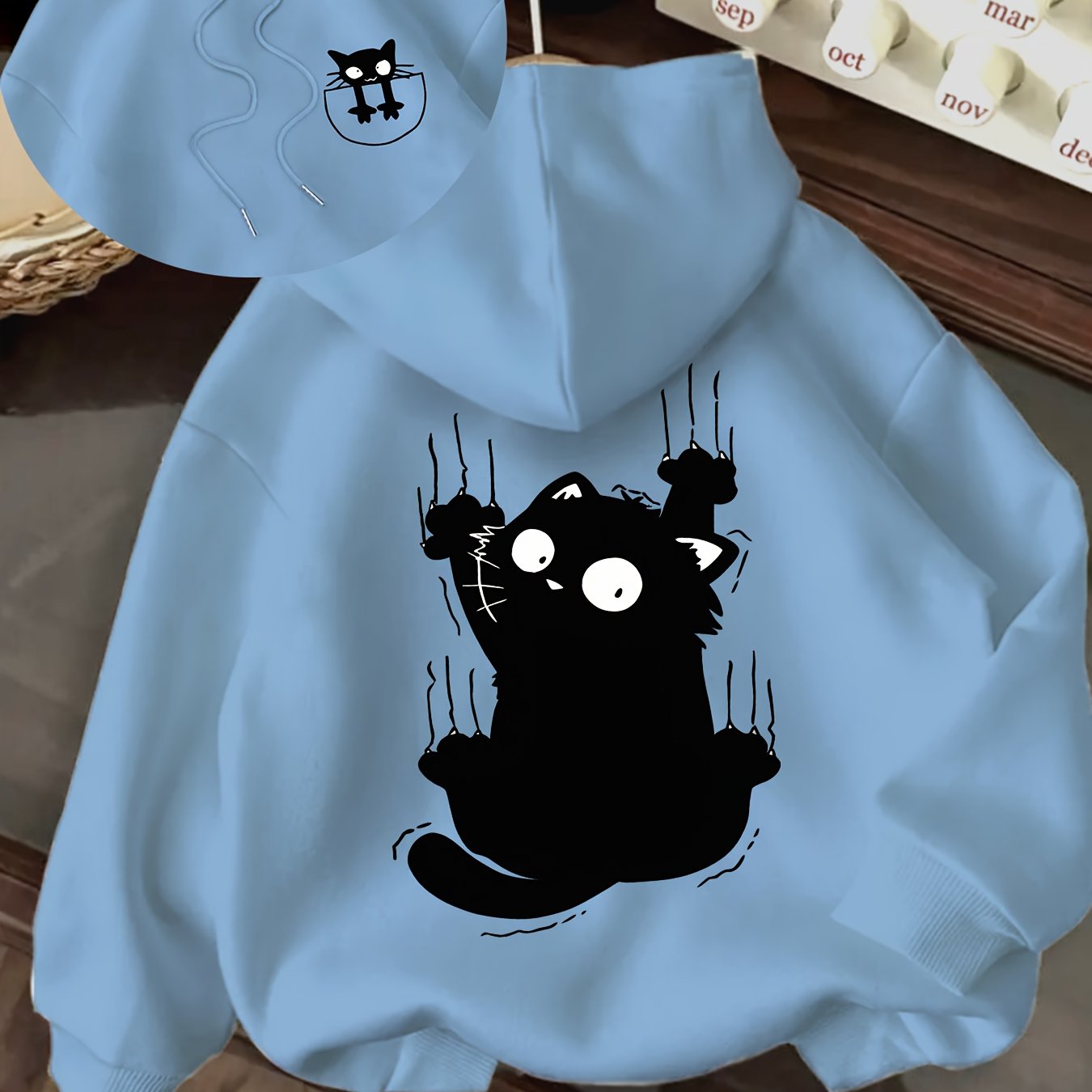TEMU Women's Casual And Fashionable Trendy Loose-fitting Hoodie With A Black Cat Pattern Printed On It