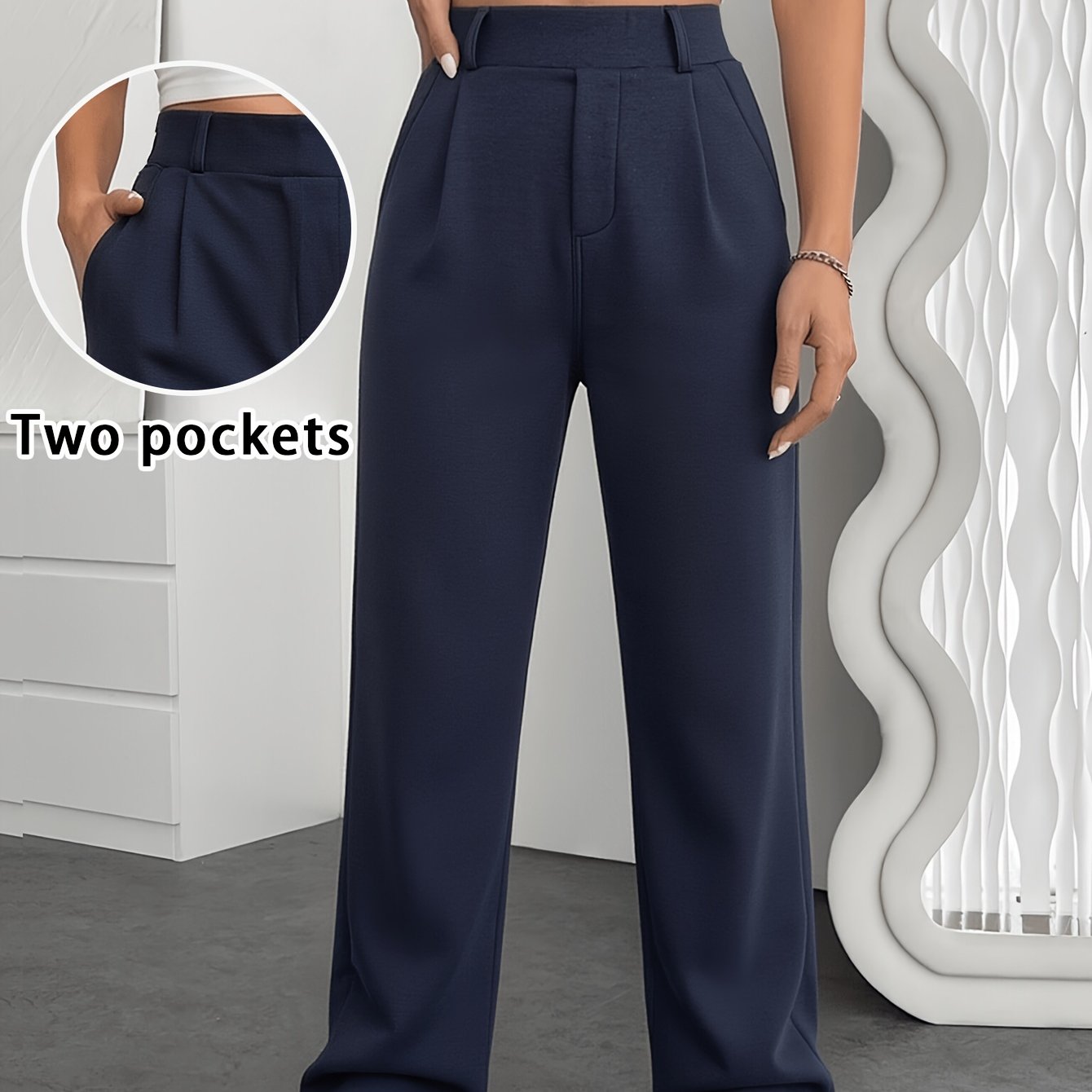 TEMU Women's High-waisted Stretch Suit Pants With Elastic Waistband - Straight-leg Draped Trousers, Beltless & 2- Solid Color Pants Suitable For