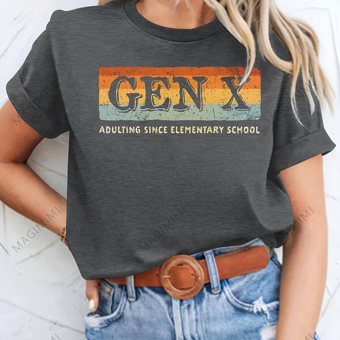 TEMU Plus Size- Plus Size Women's Crew Neck T-shirt, Loose And Breathable! " Adulting" Striped Banner With Nostalgia, Suitable For Gathering.