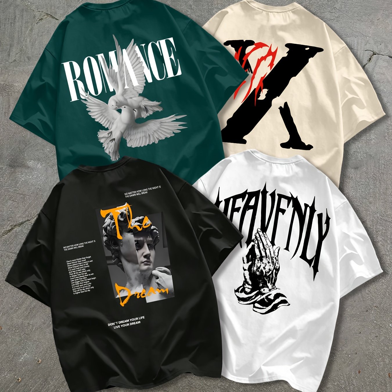 TEMU Men's Summer Short-sleeve 4pcs Printed Regular Fit Tops, Trendy Printed , Outdoor Sports And Casual Short-sleeve T-shirts, 4pcs