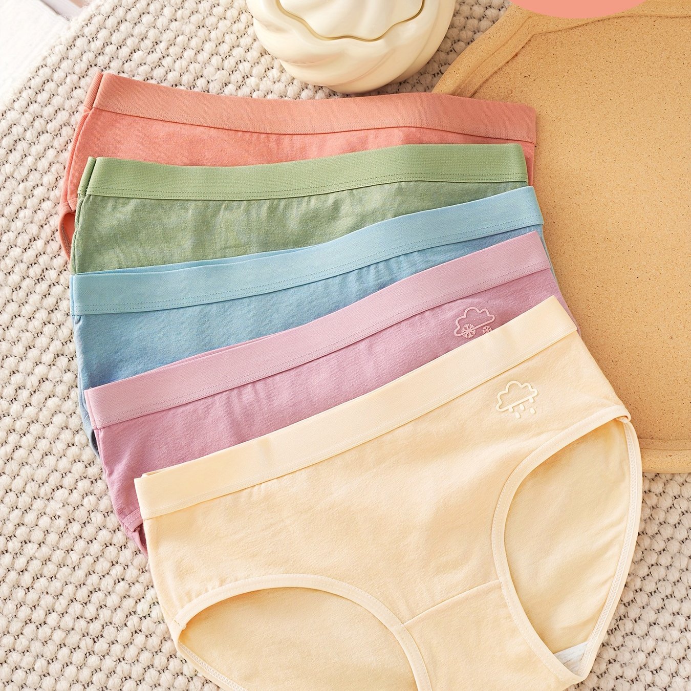 Image of 5pcs Women's Mid-rise Breathable Underwear - Soft Solid Color Panties, Light Blue, Peach, Pink, Beige & Green, Comfortable Everyday Underwear