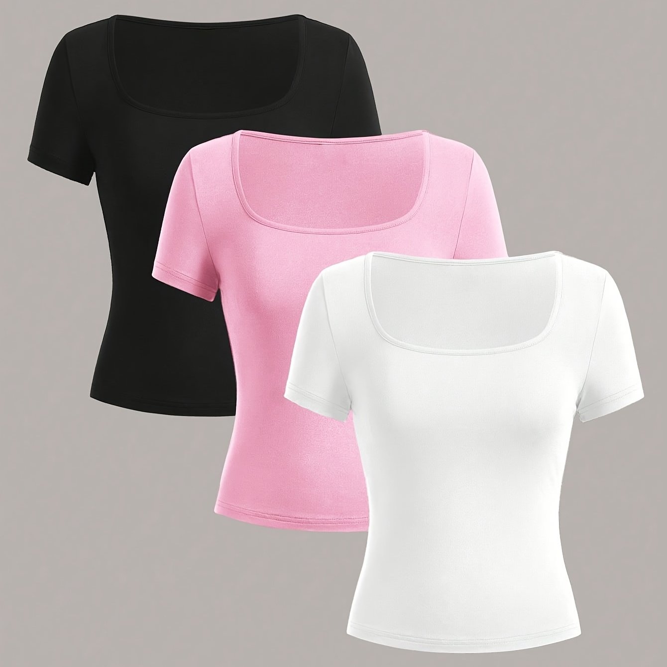 TEMU 3pcs Basic Square Neck Short Sleeve T-shirt, Summer Women's Casual Sport Top