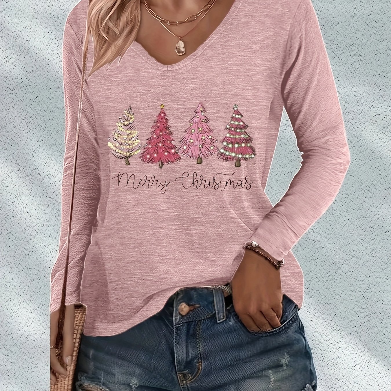Image of Circle Directional - Christmas Casual Christmas Tree Pattern Positioned Print V-neck Long Sleeve, Loose Top For Spring/autumn Base Layer Long Sleeve T-shirt