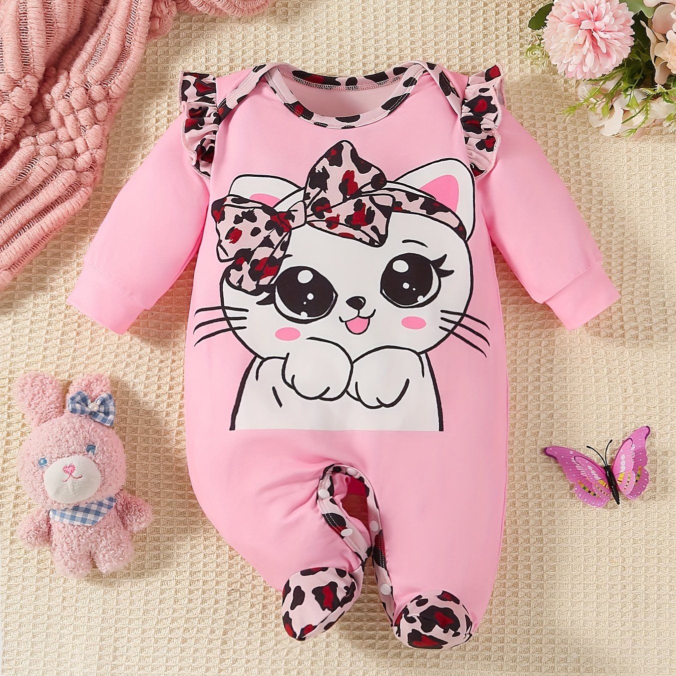 Image of Leopard Print Cat Baby Girl Romper, For Outdoor