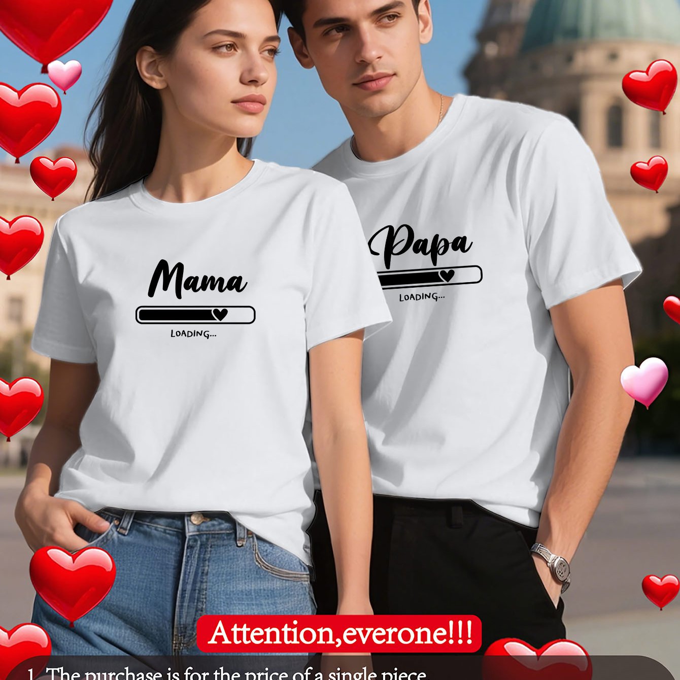 Matching Couple's Outfit Set: Themed T-shirts With Loading & Heart Print, Loose-knit Round Neck Short Sleeve, Machine Washable Streetwear For And, Casual Matching Outfits Suitable For