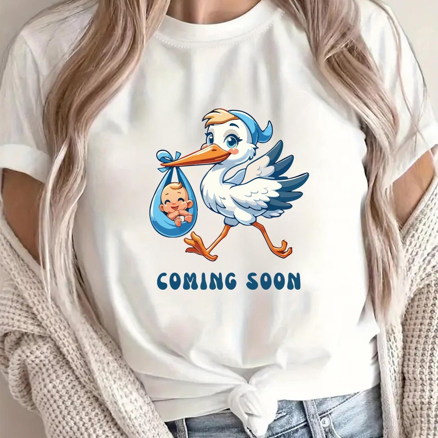 TEMU Women's Maternity Pregnancy Announcement T-shirt - & Footprints Print Short Sleeve Crew Neck Top, Stretch Suitable For Summer & Spring, Casual