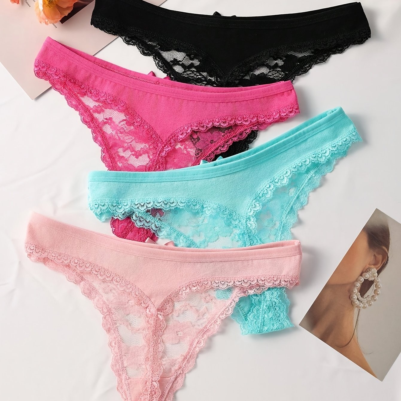 Image of Set Of 4 Women's Elegant Sheer Jacquard Lace Bikini Panties, Low-rise With Elasticity, Ladies' Lingerie And Undergarments
