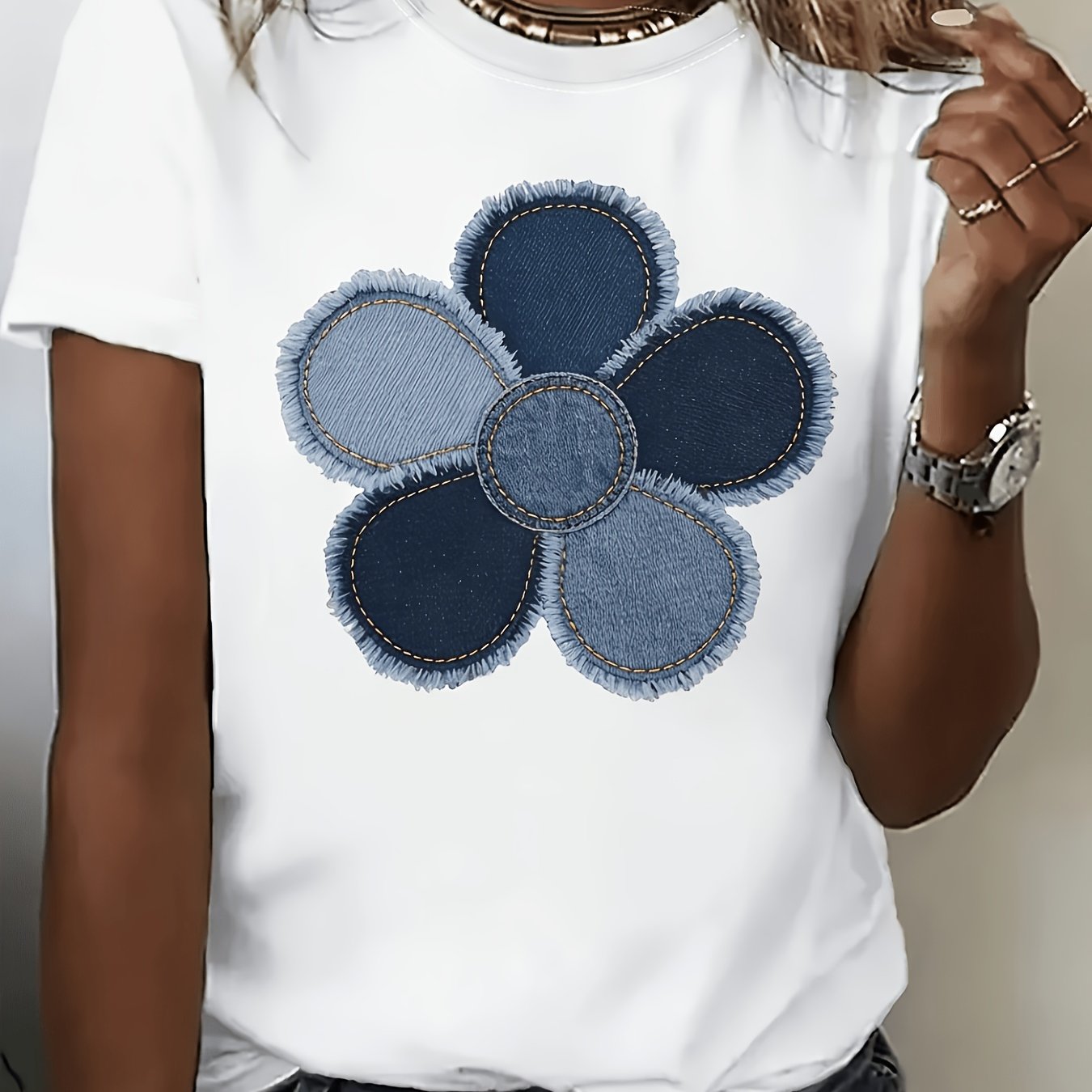 TEMU Denim Floral Print White Short-sleeved T-shirt Women's Summer Versatile Round Neck Top
