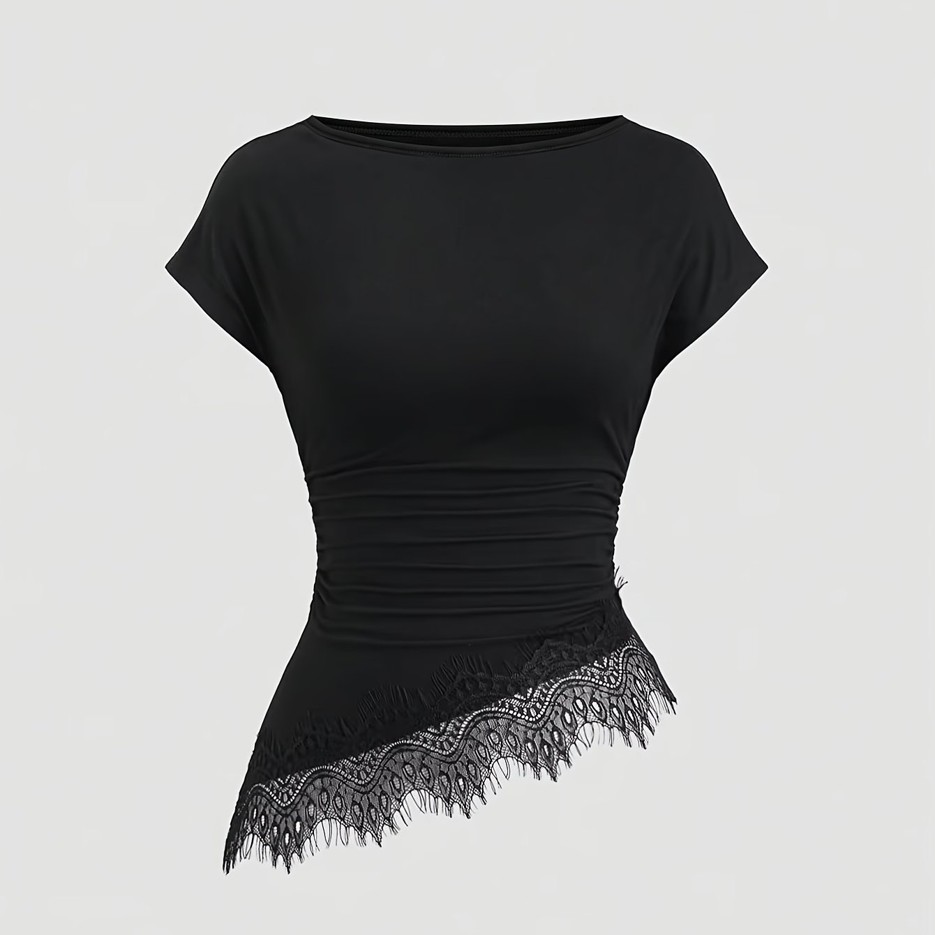 TEMU T-shirt en dentelle à ourlet diagonal de style français, blouse à manches courtes froncée et coupe ajustée avec une coupe qui affine la