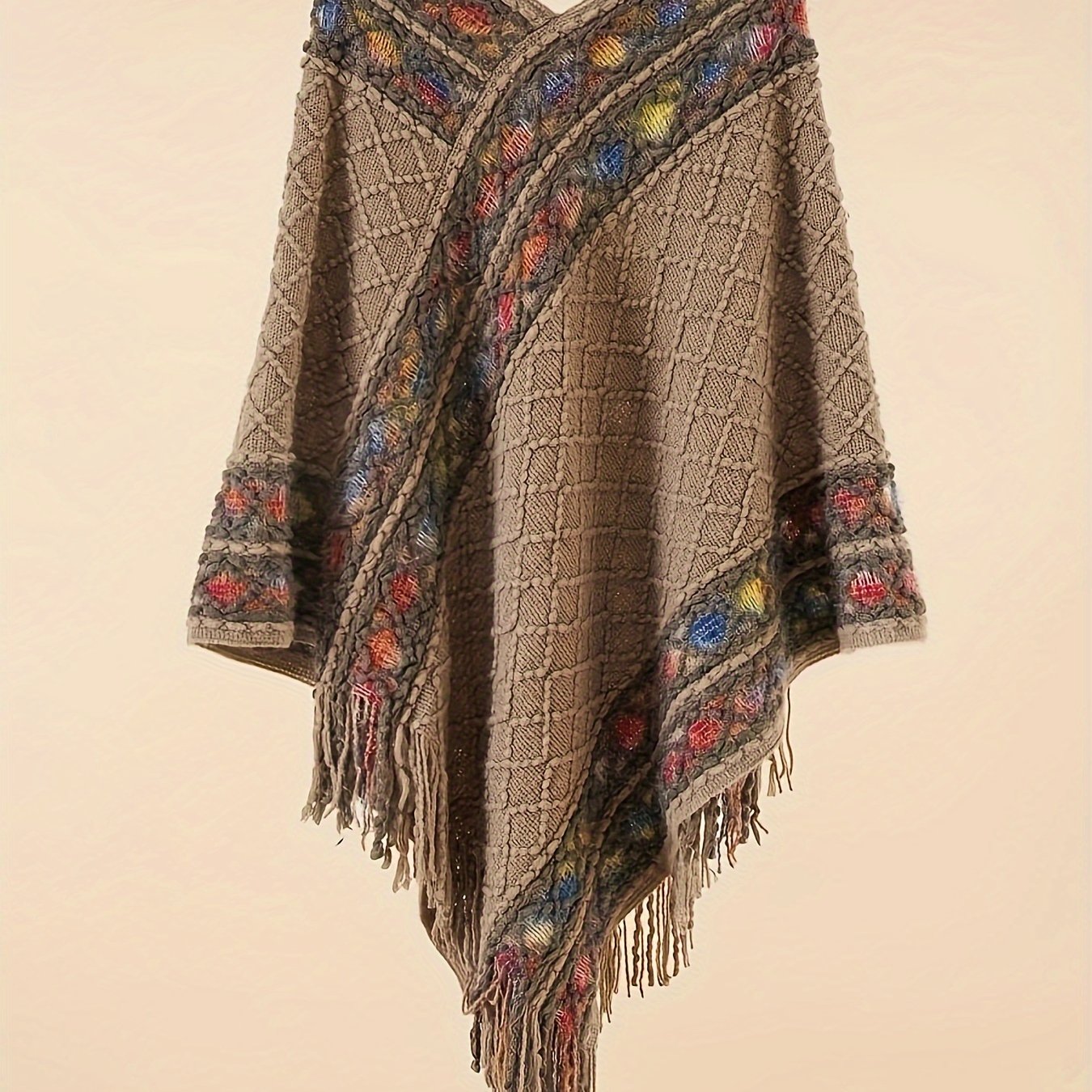 TEMU Plus Size, Boho Vintage Argyle Pullover Poncho Vintage Tassel Shawl Cape Casual Travel Windproof Warm Loose Shawl Stylish V-neck Versatile Shawl