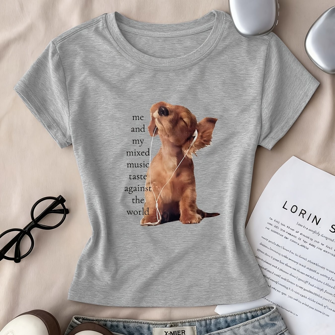 TEMU A Women's Y2k Short-sleeved Slim-fitting Crop Top T-shirt - Cartoon Cute Music Puppy Letter Unique Print Design, Versatile And Fashionable Sweet