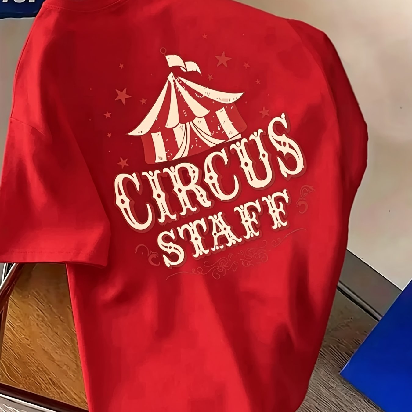 TEMU Vintage Hip-hop Circus Staff T-shirt - Retro Round Neck Short Sleeve Summer Shirt With Vibrant Circus-themed Print, Soft Breathable 100%