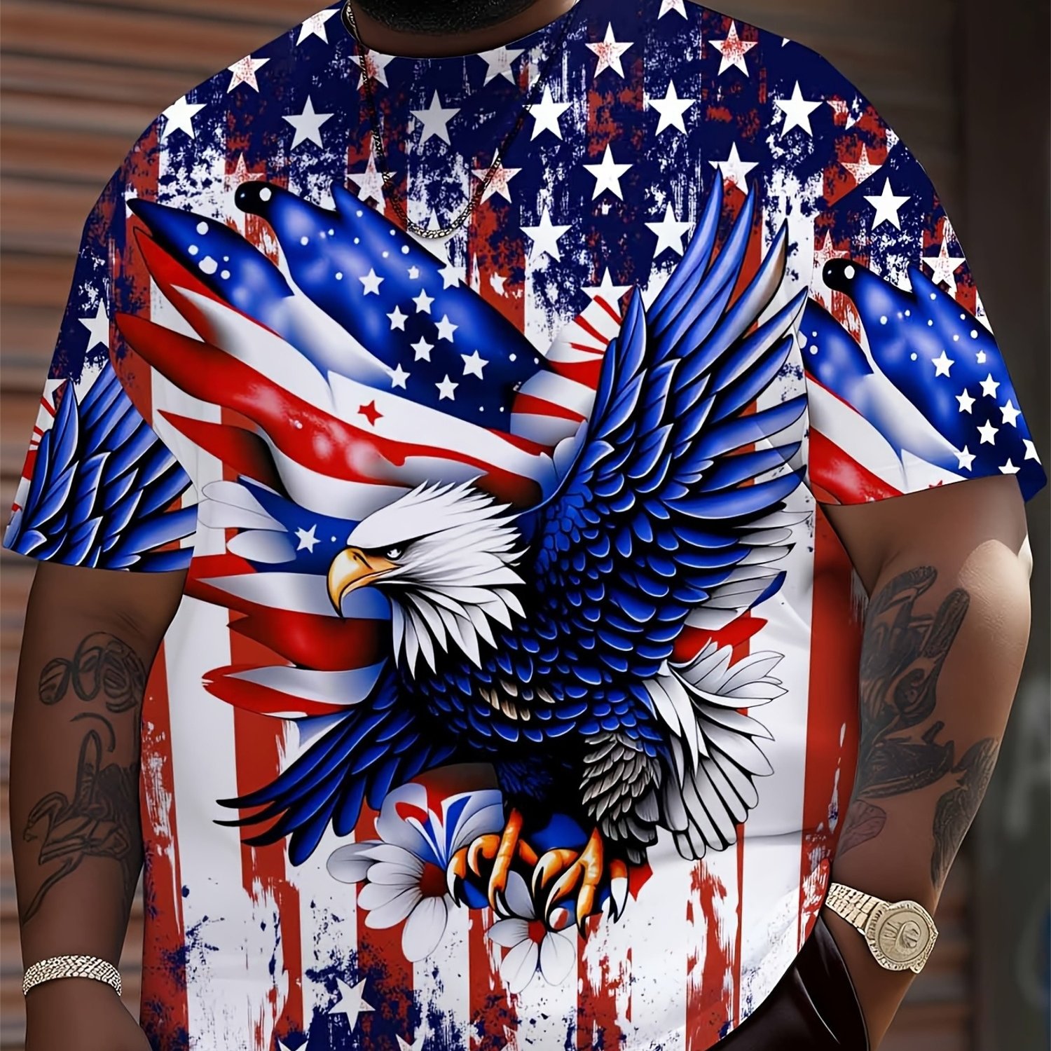 TEMU Men's Plus Size American Flag & Eagle T-shirt - Full-body Bald Eagle Chest Print With Suitable For 4th Of, , Daily Wear - Machine Washable Crew