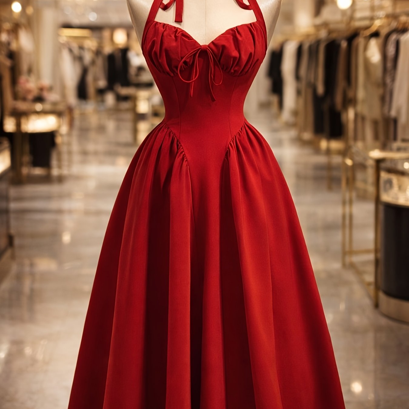 TEMU Women's Elegant Solid Color Halter Neck Back Ruched Bust Waist-cinching Slim Fit Flared Dress Suitable For New Year Valentine's Day Party