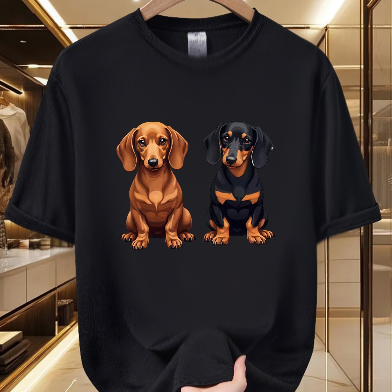 TEMU Men's Graphic T-shirt - Adorable Dachshund Dogs Design, Soft And Breathable, 100% Polyester Fiber, Cute Animal Print, Crew Neck, Short Sleeve